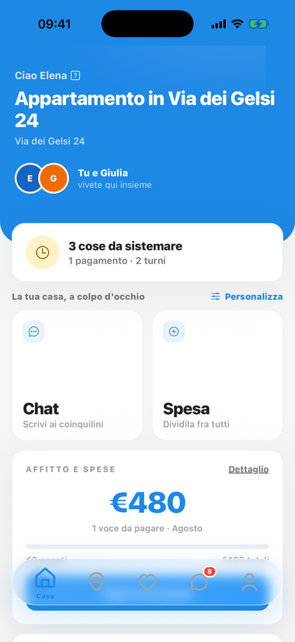 La dashboard della casa condivisa su Silla: canone del mese, bollette da dividere, turni di pulizia e richieste aperte.