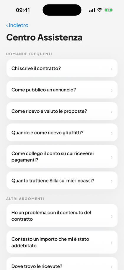 Il Centro Assistenza di Silla, con le domande frequenti divise per argomento e il pulsante per aprire una richiesta.