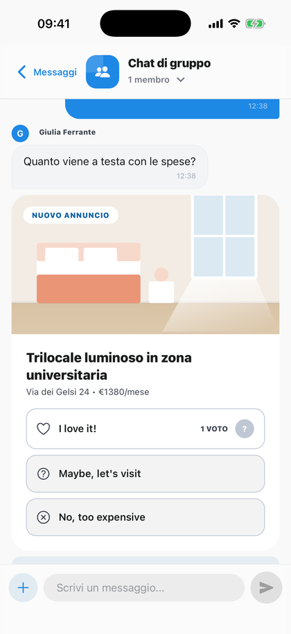 La chat di un gruppo di ricerca casa su Silla, con un annuncio condiviso messo ai voti dai membri.