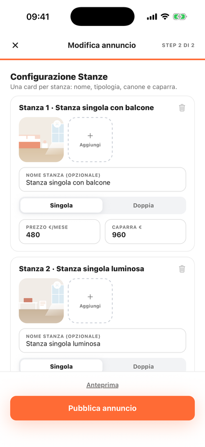 La creazione di un annuncio su Silla: dati dell'immobile, singole stanze con il proprio canone e caricamento delle foto.