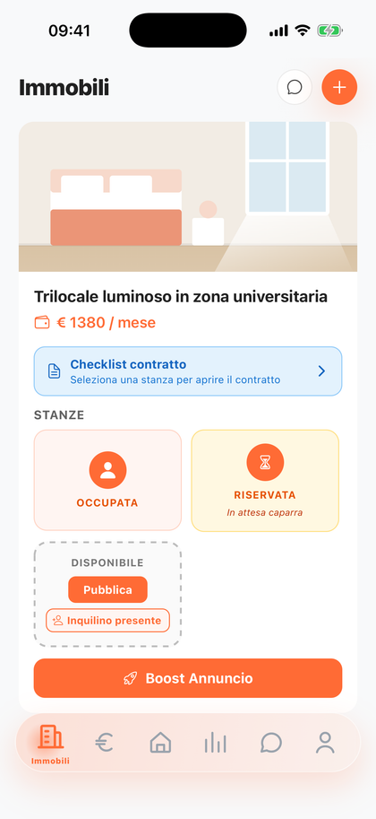L'elenco degli immobili su Silla, con le stanze di ciascuno negli stati libera, riservata e occupata.