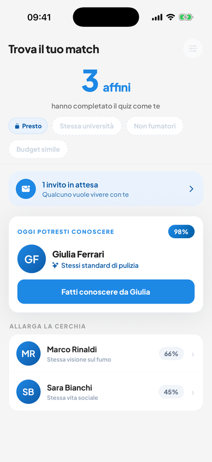 La schermata Match di Silla con tre profili di potenziali coinquilini, ciascuno con la percentuale di affinità e i punti di accordo su pulizia, ritmi e ospiti.