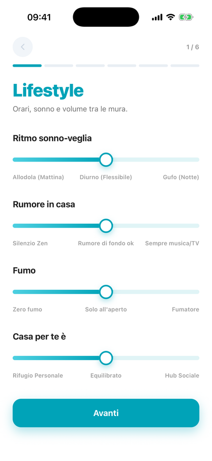 Una domanda del quiz di affinità di Silla sulle abitudini di convivenza, con la barra di avanzamento sulle 36 domande.