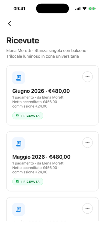 Le ricevute mensili di un contratto su Silla, ciascuna con numero di protocollo, periodo di riferimento e importo.