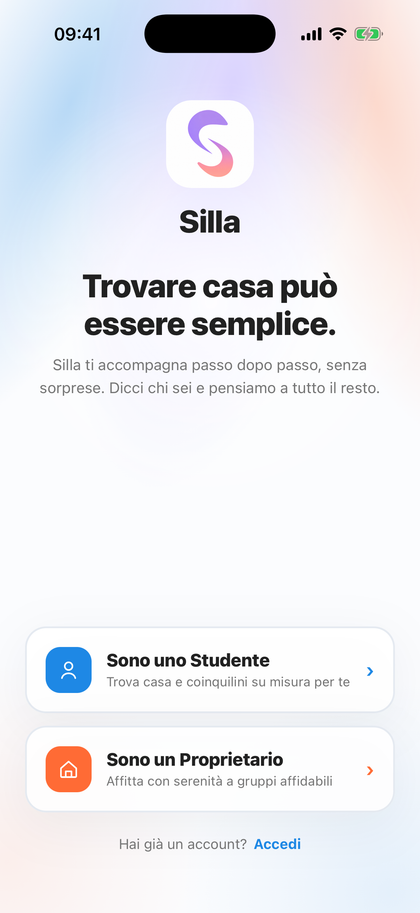 La schermata di apertura di Silla, con la scelta fra cercare una stanza come studente e affittarne una come proprietario.