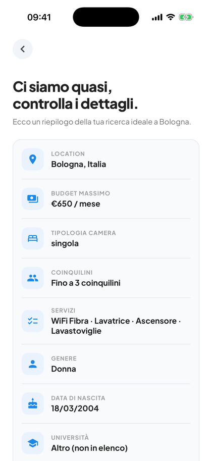 Il wizard di ricerca casa di Silla: budget massimo, numero di coinquilini, tipo di stanza e servizi richiesti.